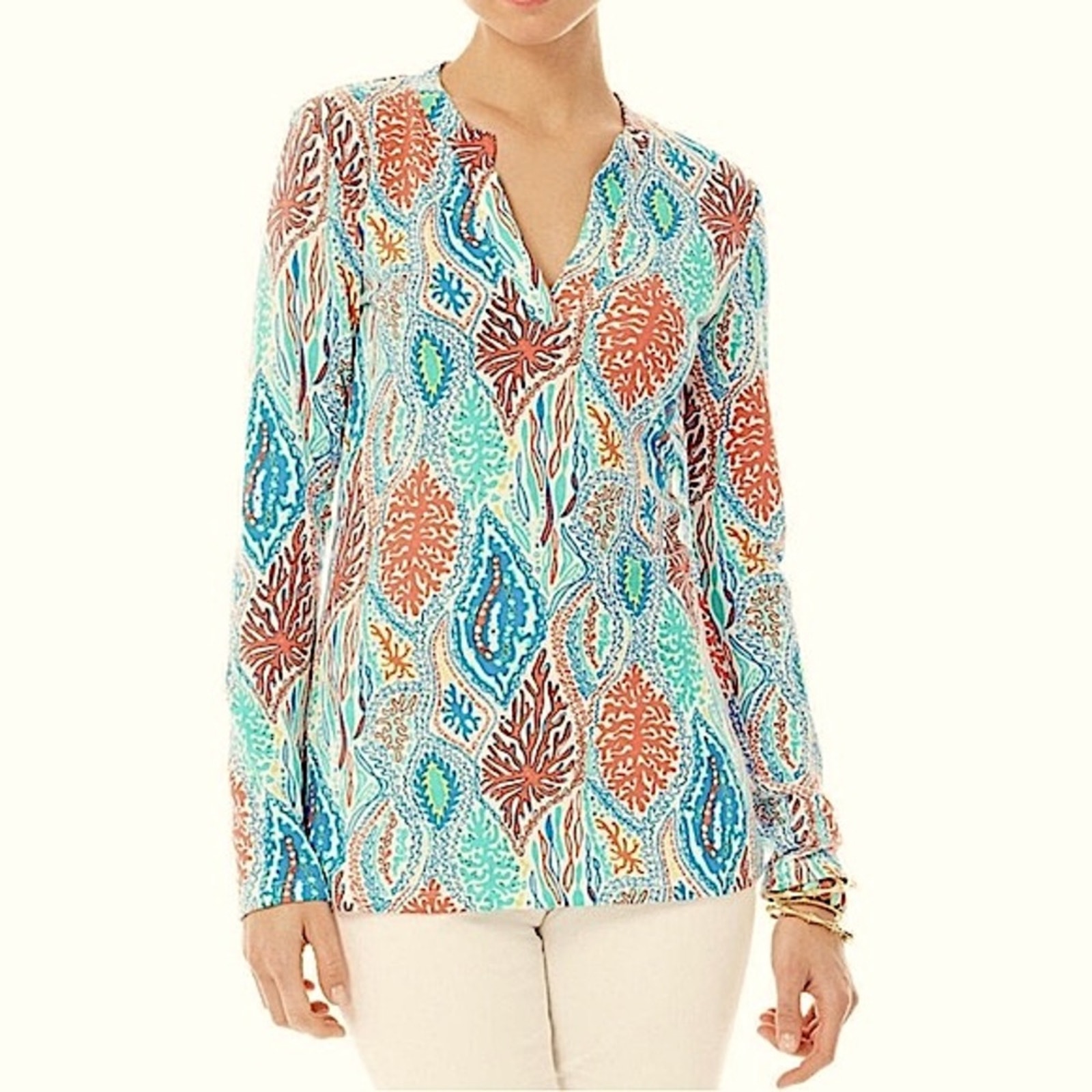 Lilly Pulitzer Odette Blue Multi Minnow Print Tunic Top Blouse Women's Medium